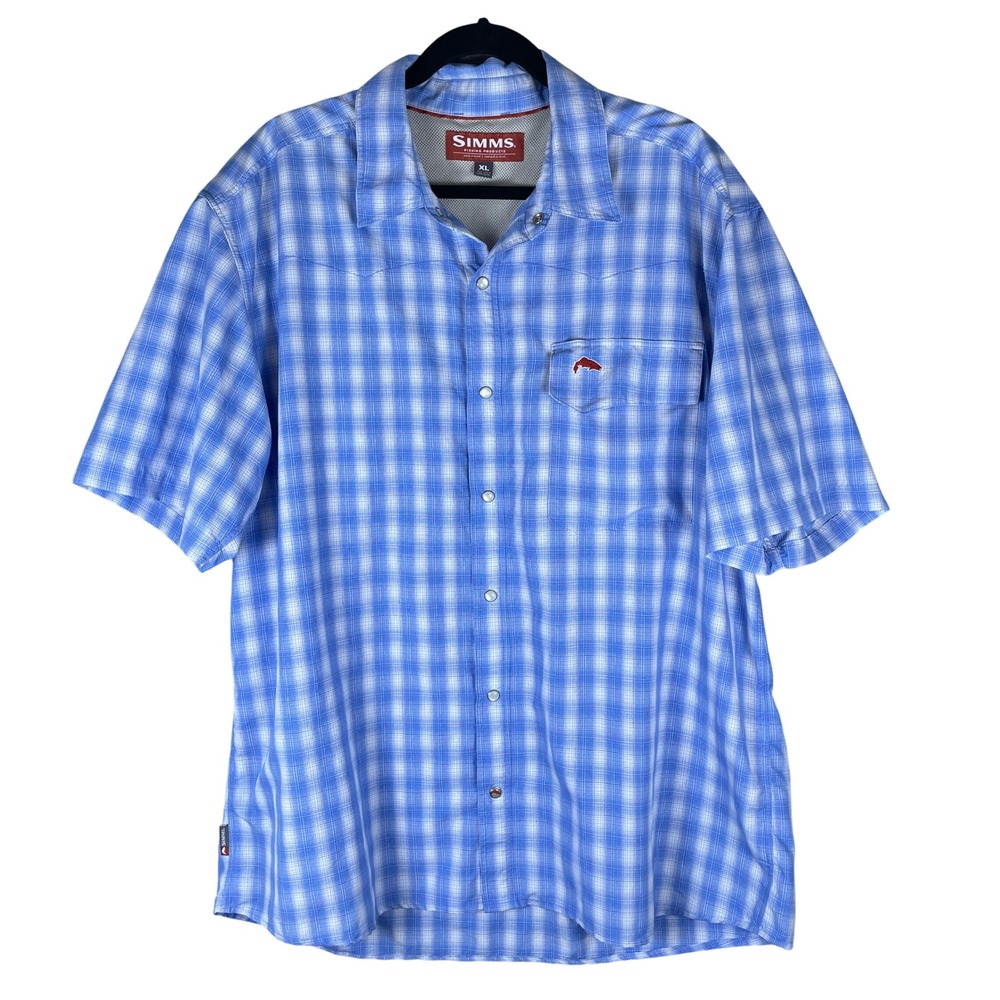Simms Fishing Shirt Mens XL Blue Plaid Pearl Snap Ventilated Short Sleeve Button